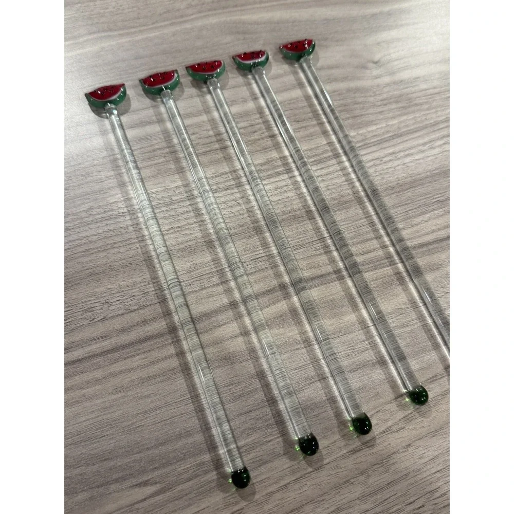 Hand Blown Glass‎ Watermelon Fruit Barware Swizzle Stir Sticks Set Lot of 5